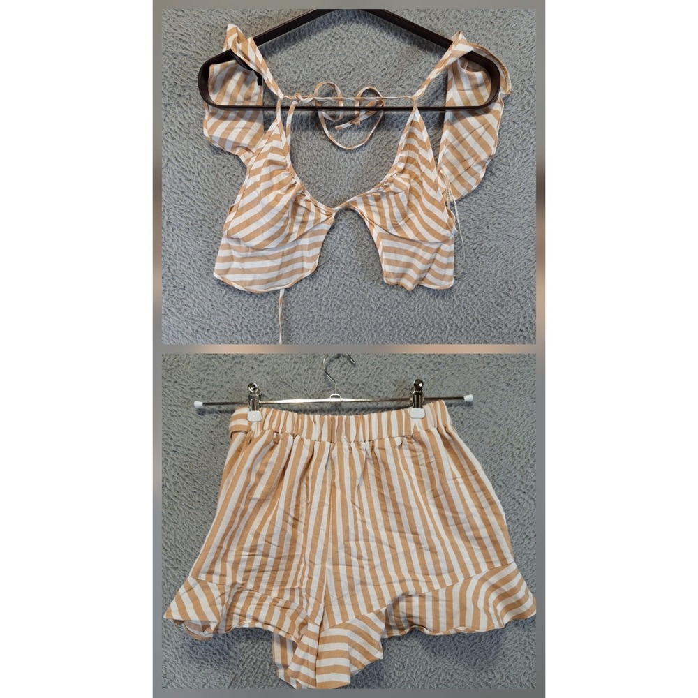 Forever 21 Crop Top & Shorts Set Womens S Tan White Striped Ruffle BOHO